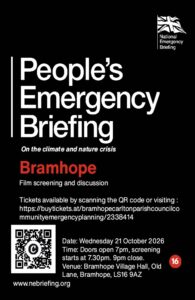 Poster with QR code for Peoples Emergency Briefing film screening 21st October 2026